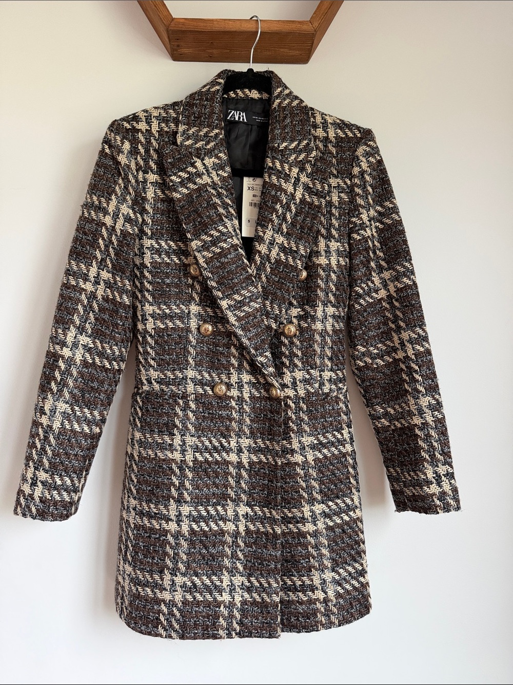 Zara Brown & Cream Plaid Double-Breasted Blazer Jacket